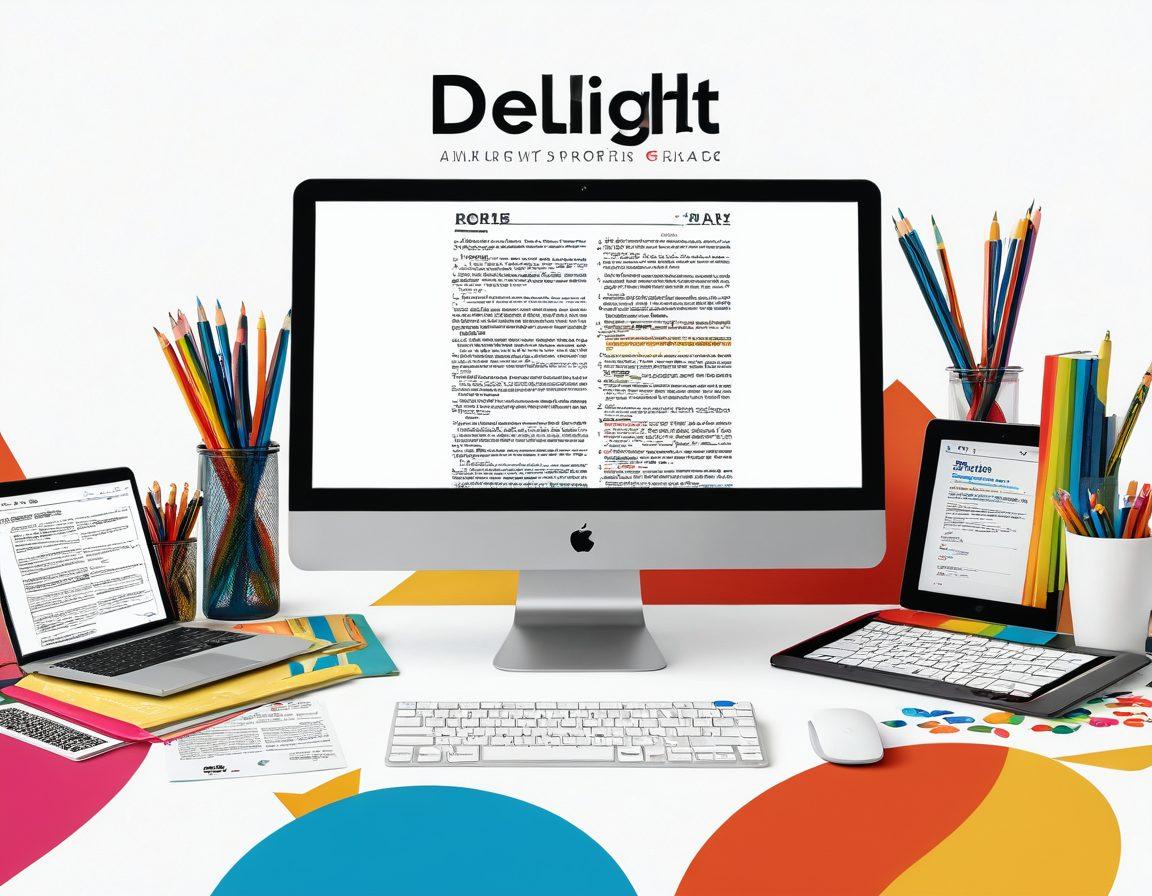 A split-screen image showcasing half a cluttered desk with a PDF document and a computer screen displaying conversion software, while the other half bursts with vibrant, colorful images created from the PDF. Overlay playful icons representing transformation like arrows and paintbrushes. Include a whimsical typeface that spells 'Delight' across the top. super-realistic. vibrant colors. white background.