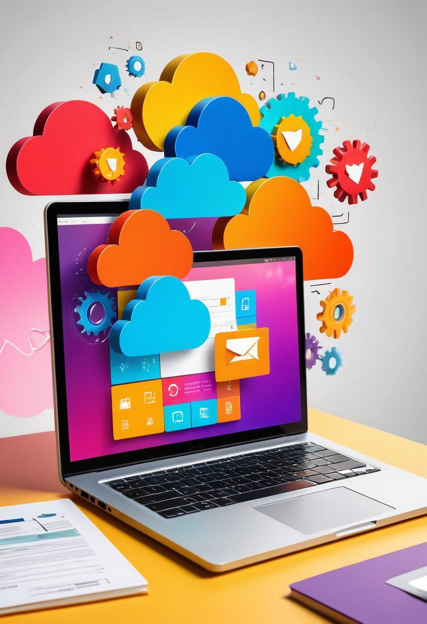 A sleek digital workspace featuring a vibrant laptop screen displaying a PDF file being transformed into a JPG image, surrounded by cheerful tools like a conversion app icon and colorful graphics. Incorporate playful elements such as smiling cloud storage symbols and joyful gears to symbolize efficiency and ease, all against a bright background. super-realistic. vibrant colors. minimalistic.