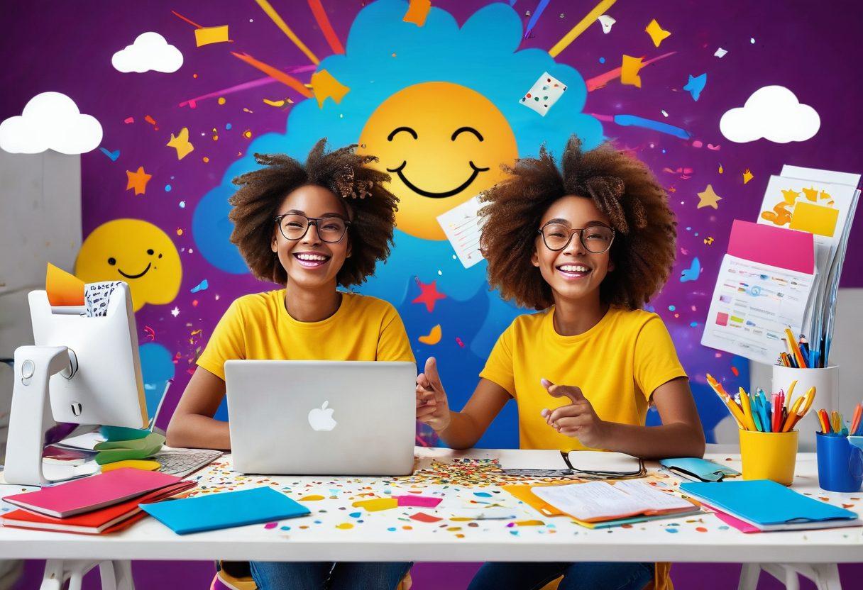 A cheerful character sitting at a vibrant workspace, surrounded by colorful PDFs transforming into joyful JPG images, with animated elements showing smiles and confetti. Bright colors and a digital device displaying conversion progress. The background has playful drawn elements like clouds and sunshine to represent happiness. cartoon style. vibrant colors. white background.